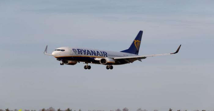FILE PHOTO: Ryanair Boeing 737-8AS plane EI-EKG approaches Riga International Airport in Riga