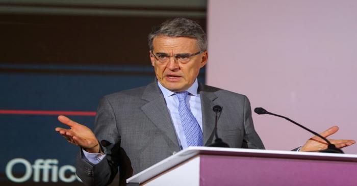 IATA CEO Alexandre de Juniac speaks during Qatar aviation conference, in Doha