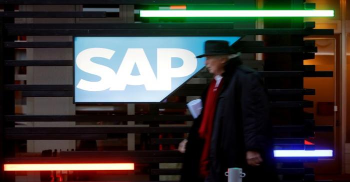 FILE PHOTO: Logo of SAP is seen in Davos