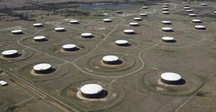FILE PHOTO: Crude oil storage tanks are seen from above at the Cushing oil hub in Cushing