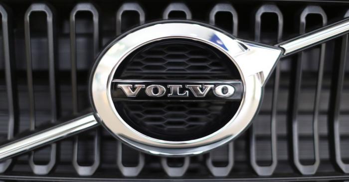 The logo of Volvo is seen on the front grill of a Volvo XC40 SUV displayed at a Volvo showroom