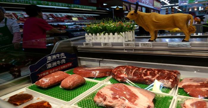 FILE PHOTO:  Beef for sale is seen at a Walmart in Beijing