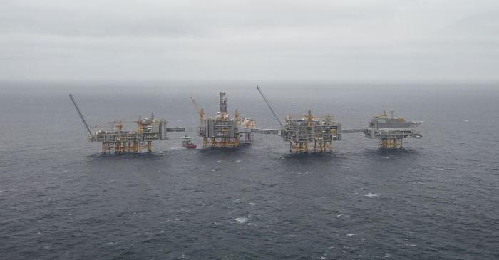 FILE PHOTO: A general view of the Equinor's Johan Sverdrup oilfield platforms in the North Sea