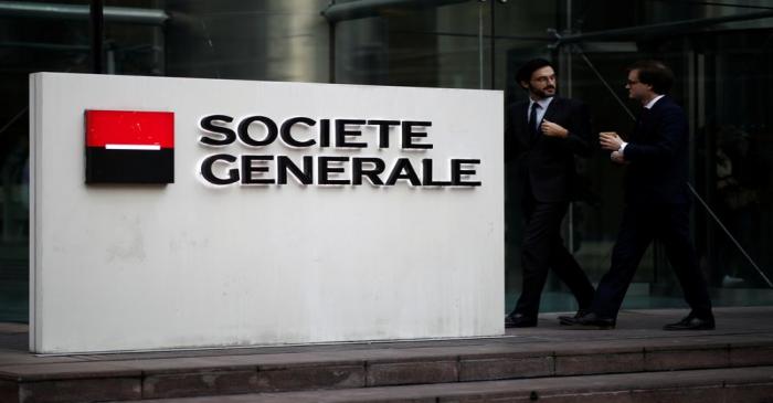 The logo of Societe Generale is seen on the headquarters at the financial and business district