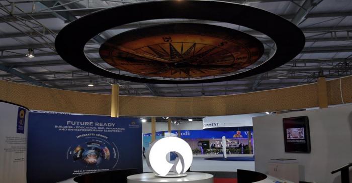 The logo of Reliance Industries is pictured in a stall at the Vibrant Gujarat Global Trade Show