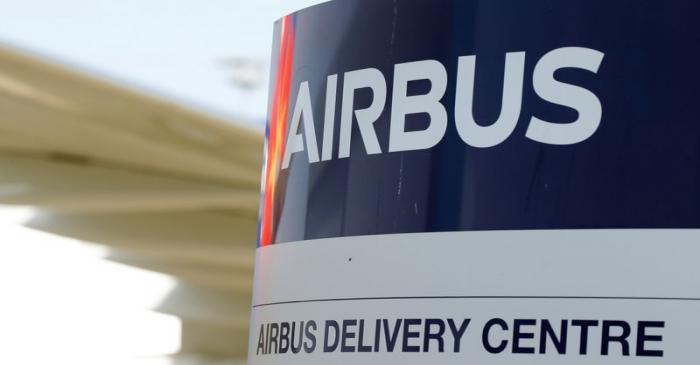 Logo of Airbus is pictured at the aircraft builder's headquarters of Airbus in Colomiers near