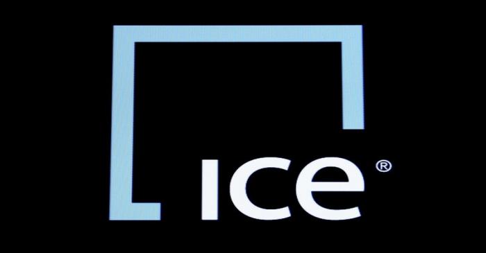 A screen displays the ticker symbol and logo for Intercontinental Exchange Inc. (ICE) on the