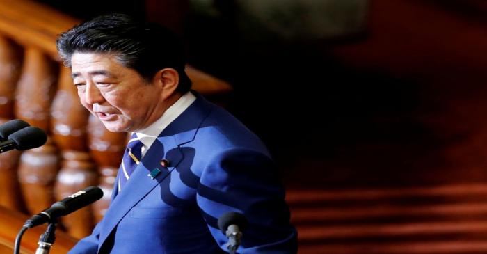 Japanese Prime Minister Shinzo Abe gives a policy speech at the start of the regular session of