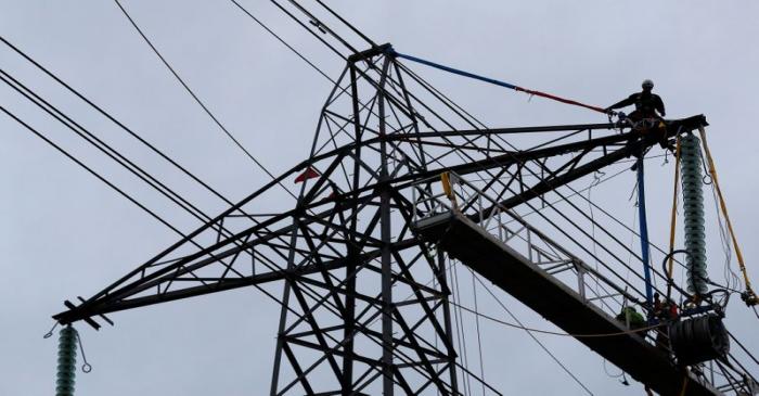 FILE PHOTO:  An engineer stands on top of an electricity pylon as he carries out maintenance