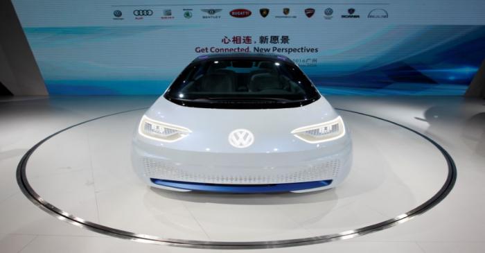 A Volkswagen I.D. electric vehicle is shown at a news conference in Guangzhou