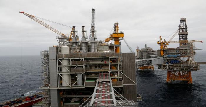 FILE PHOTO: A general view of Johan Sverdrup oilfield platforms in the North Sea, Norway