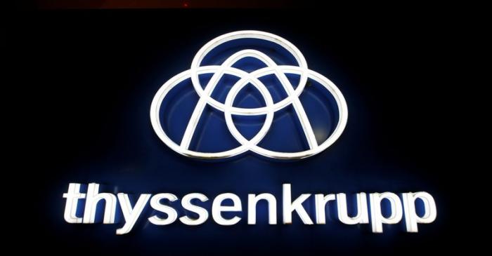 buThyssenkrupp's logo is seen outside elevator test tower in Rottweil