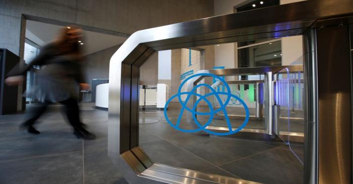 Thyssenkrupp's logo is seen in the elevator test tower in Rottweil