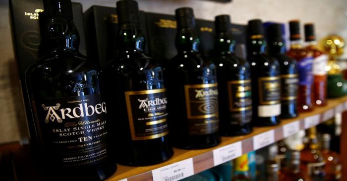 Bottles of single malt scotch whisky Ardbeg are pictured in a shop near Lausanne