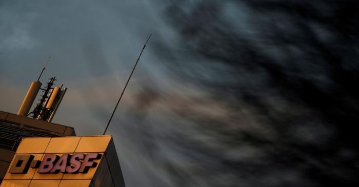 The chemical company BASF building in Levallois-Perret is seen at sunset