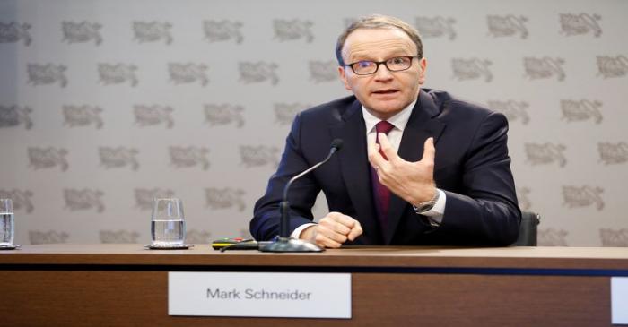 Nestle Chief Executive Mark Schneider talks during a news conference at the company