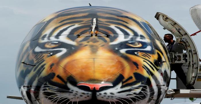 FILE PHOTO: Embraer E-190 E2 aircraft featuring a spray painted tiger's face is displayed