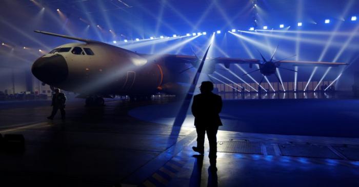 An Airbus A400M military transport plane is parked at the Airbus assembly plant during an event