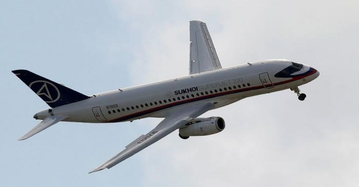 FILE PHOTO: A Sukhoi Superjet 100 regional jet at the MAKS 2017 air show in Zhukovsky