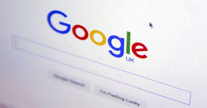 FILE PHOTO: The Google internet homepage is displayed on a product at a store in London