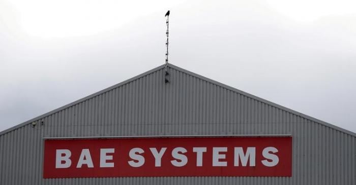 FILE PHOTO: A sign adorns a hangar at the BAE Systems facility in Salmesbury
