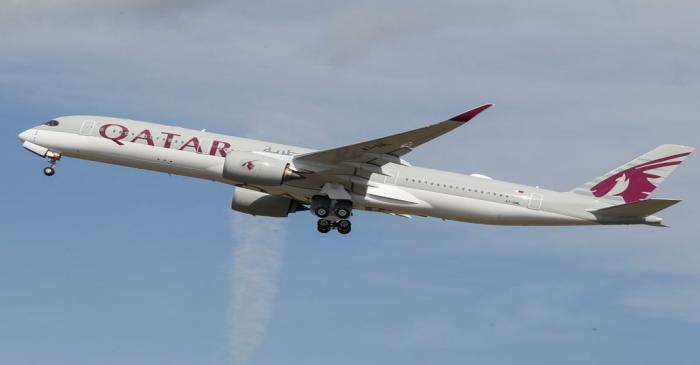 uk-buA Qatar Airways aircraft takes off at the aircraft builder's headquarters of Airbus in