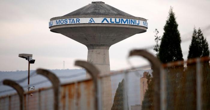 The logo of the Aluminij Mostar aluminium factory is pictured in Mostar