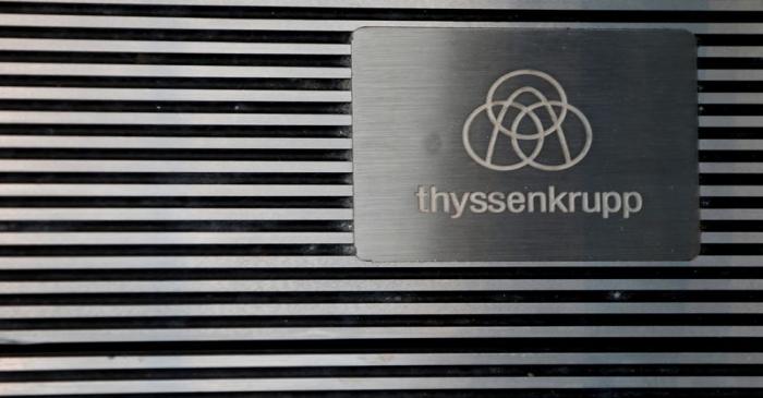 FILE PHOTO: Thyssenkrupp's logo is seen in the elevator test tower in Rottweil