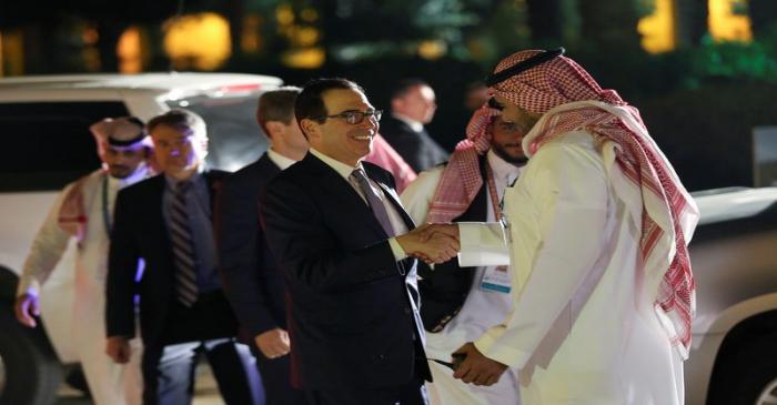 U.S. Treasury Secretary Steven Mnuchin arrives for a welcome dinner at Saudi Arabia Murabba
