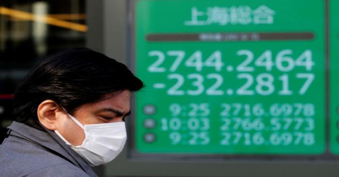 A man wearing a surgical mask stands in front of a screen showing Shanghai Composite index