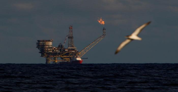 FILE PHOTO: A seagull flies in front of an oil platform in the Bouri Oilfield some 70 nautical