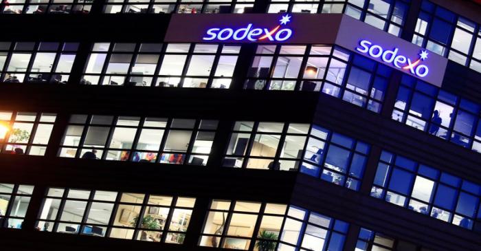 The logo of French food services and facilities management group Sodexo is seen at the company