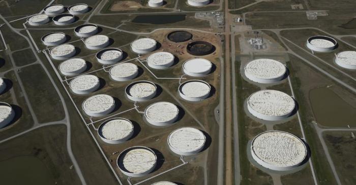 FILE PHOTO: Crude oil storage tanks are seen from above at the Cushing oil hub in Cushing