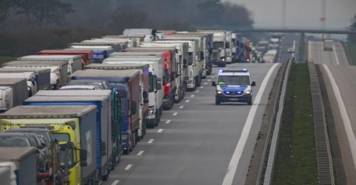 A lorry traffic jam is seen near the German-Polish border in Frankfurt/Oder