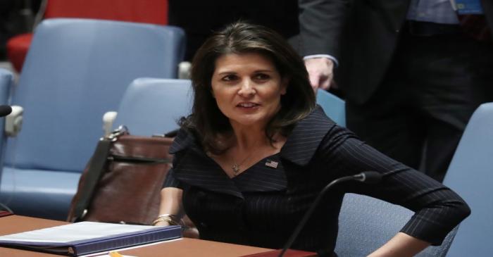 United States Ambassador to the United Nations Nikki Haley sits before the start of a U.N.