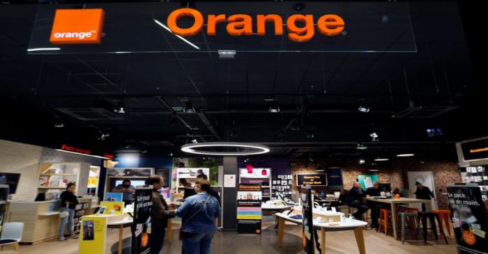 The logo of French telecoms operator Orange is pictured in a retail store in Bordeaux