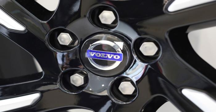 A Volvo logo is seen on a rim displayed at a Volvo showroom in Mexico City