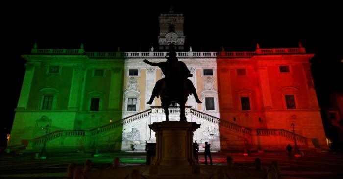 Rome's Town Hall is lit up with the colours of the Italian flag to show solidarity with the