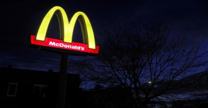 A sign is seen at a McDonald's restaurant in Queens, New York