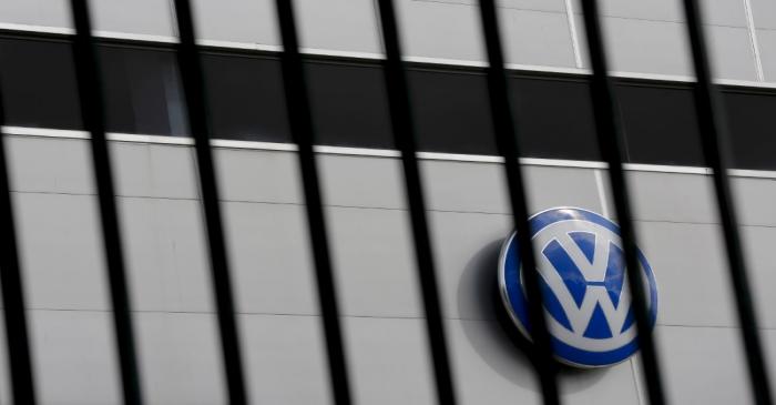 FILE PHOTO: A logo of VW is pictured at a Volkswagen dealership in Camas