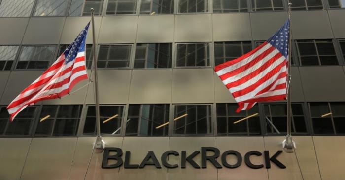 FILE PHOTO: A sign for BlackRock Inc hangs above their building in New York