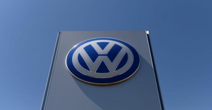 FILE PHOTO:  The logo of Volkswagen is seen in front of its construction's plant, in Bratislava