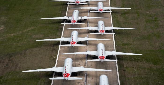 FILE PHOTO: American Airlines passenger planes crowd a runway where they are parked due to