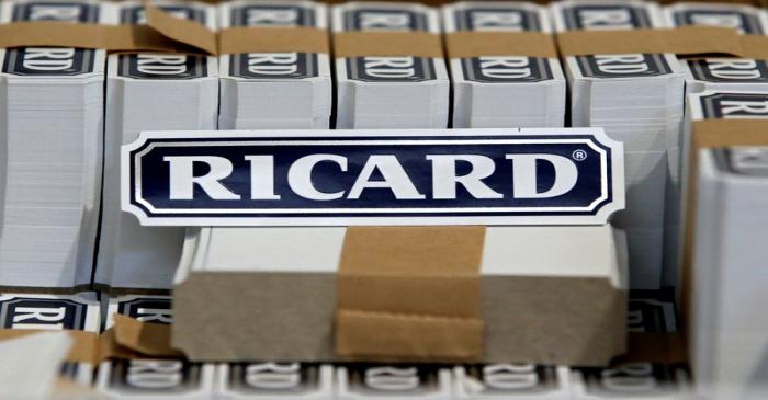 FILE PHOTO: The logo of Ricard is seen on labels at the Ricard manufacturing unit in Lormont,