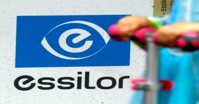 FILE PHOTO: Lens producer Essilor's logo is seen at the company's headquarters in