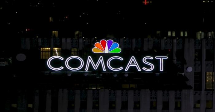 The NBC and Comcast logo are displayed on top of 30 Rockefeller Plaza, formerly known as the GE