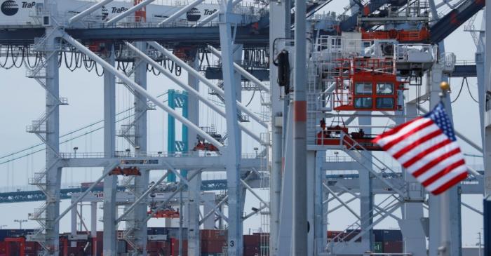 The U.S. flag flies at the Port of Los Angeles in Los Angeles, California