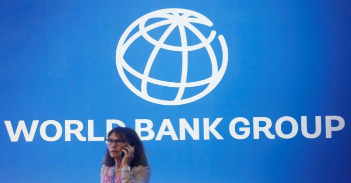 FILE PHOTO: A participant stands near a logo of World Bank at the International Monetary Fund -