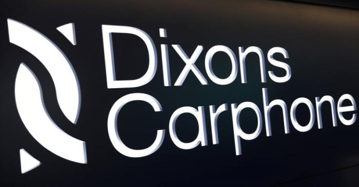 A sign displays the logo of Dixons Carphone at the company headquarters in London