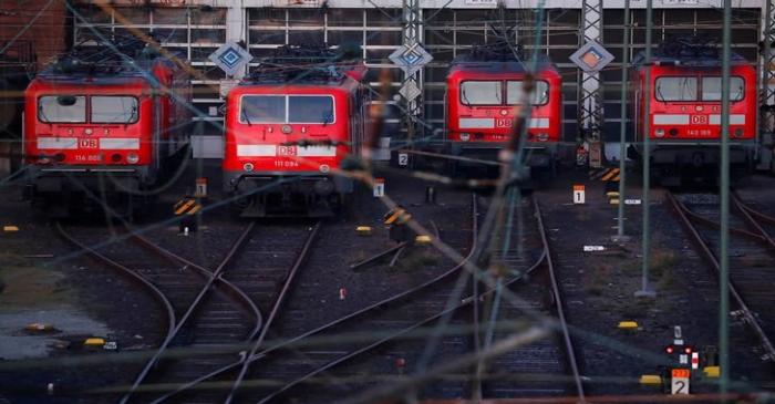 FILE PHOTO: Trains of German railway Deutsche Bahn are seen at the main train station in